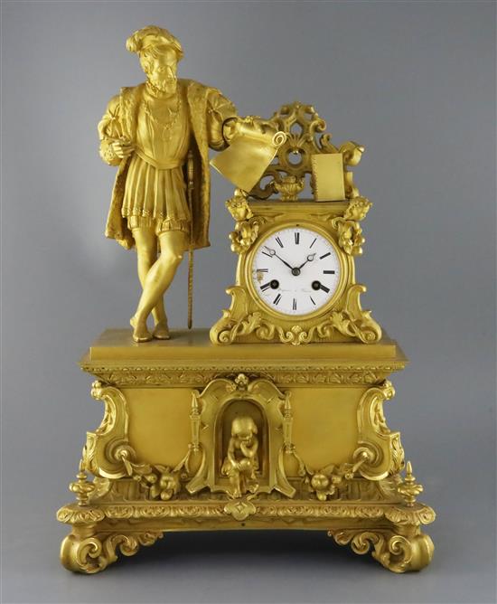 Dupuis à Paris. A mid 19th century French ormolu mantel clock, width 16in. depth 6in. height 22in.